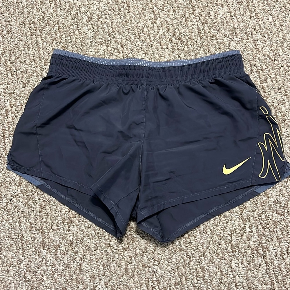 Gray Nike Running Athletic Gym Dri-Fit Shorts with Gold Logo Detailing